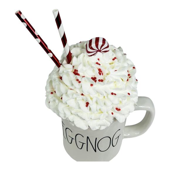 NEW Rae Dunn EGGNOG MUG Coffee Cup + Whip Cream & Straw Decor Topper LG 16oz - Picture 3 of 8